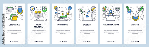 Web site onboarding screens. Hobby and art professions, ceramics, crafts, painting, design. Menu vector banner template for website and mobile app development. Modern design linear art flat
