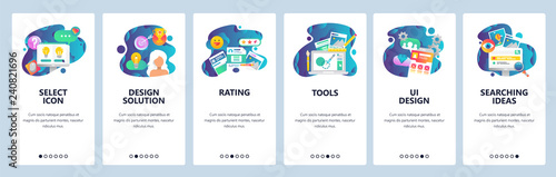 Web site onboarding screens. UI and UX design solutions, rating review, search, drawing tools. Menu vector banner template for website and mobile app development. Modern design linear art flat
