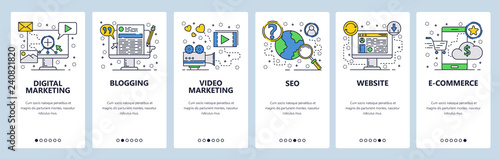 Web site onboarding screens. SEO, digital marketing, online shopping, video. Menu vector banner template for website and mobile app development. Modern design linear art flat illustration.