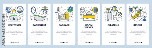 Web site onboarding screens. Hotel service, room cleaning, reception, cleaning. Menu vector banner template for website and mobile app development. Modern design linear art flat illustration.