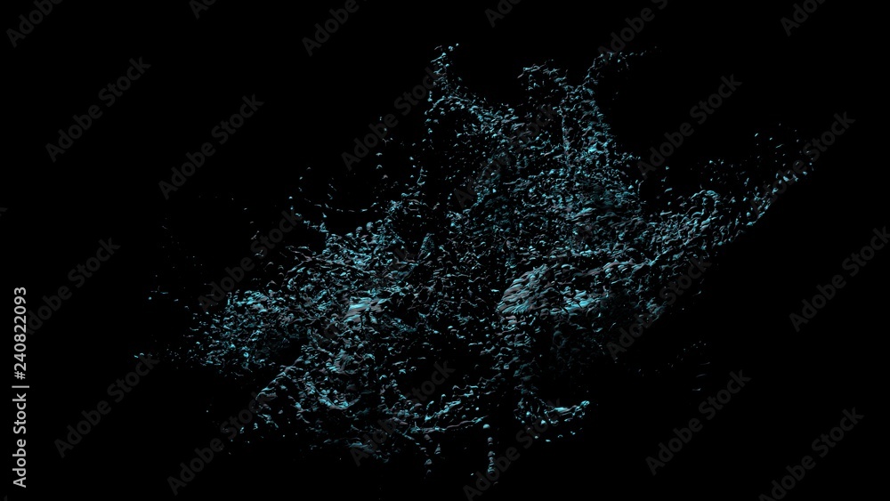 Abstract blue water splash on black background. Fantasy fractal art. 3D rendering.