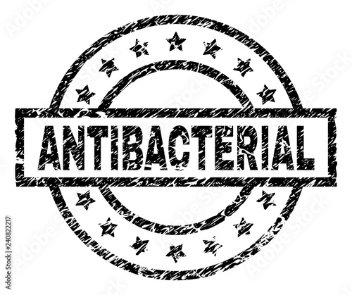 ANTIBACTERIAL stamp seal watermark with distress style. Designed with rectangle, circles and stars. Black vector rubber print of ANTIBACTERIAL tag with unclean texture.