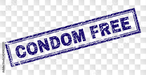 CONDOM FREE stamp seal print with corroded style and double framed rectangle shape. Stamp is placed on a transparent background. Blue vector rubber print of CONDOM FREE text with unclean texture.