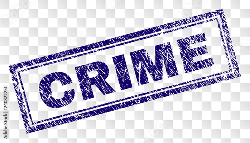 CRIME stamp seal print with corroded style and double framed rectangle shape. Stamp is placed on a transparent background. Blue vector rubber print of CRIME title with unclean texture.