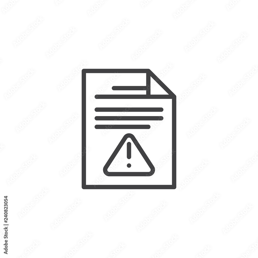 Warning document file outline icon. linear style sign for mobile concept and web design. Document with exclamation mark simple line vector icon. Symbol, logo illustration. Pixel perfect vector Warning document file outline icon. linear style sign for mobile concept and web design. Document with exclamation mark simple line vector icon. Symbol, logo illustration. Pixel perfect vector