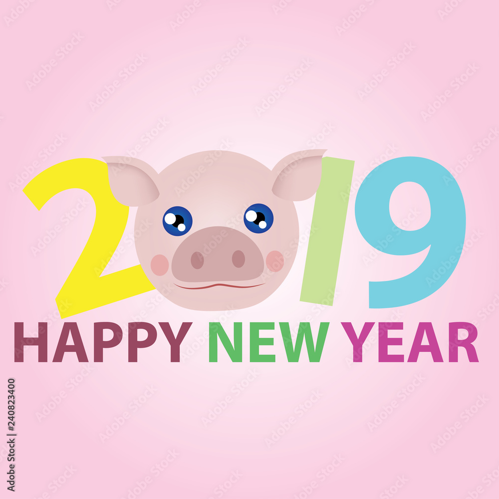 Happy new year 2019 with face of cartoon pig pink color replace zero number. Happy new year 2019 with face of cartoon pig pink color replace zero number.