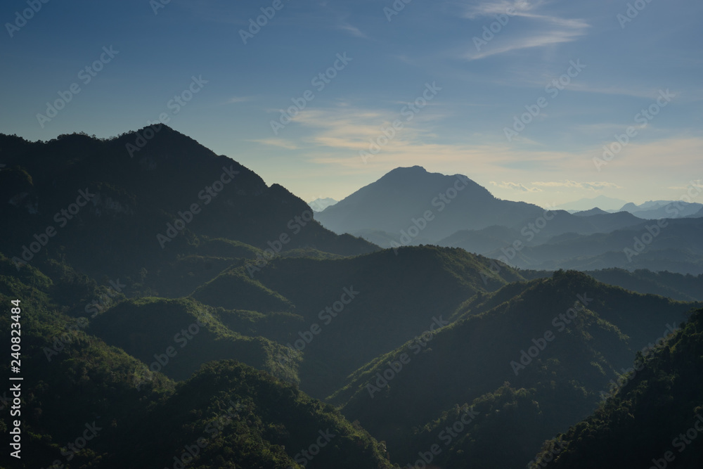Sunset in Laotian mountains. View from Nong Khiaw view point.