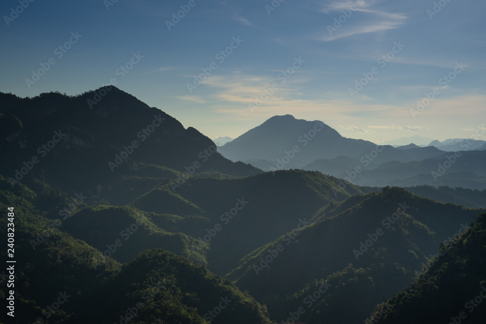 Obraz premium Sunset in Laotian mountains. View from Nong Khiaw view point.