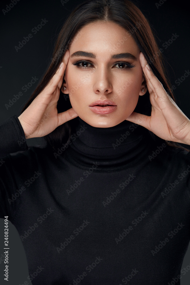 Beauty Face. Fashion Woman Model With Makeup On Black Beauty Face. Fashion Woman Model With Makeup On Black