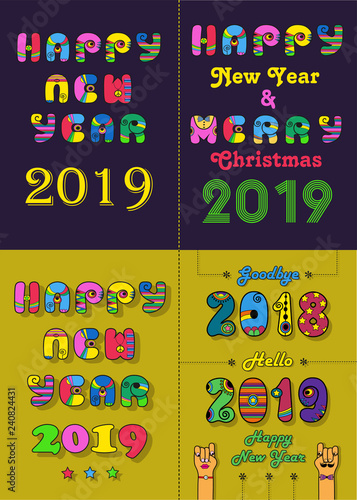 Christmas New Year 2019 Set. Vintage artistic font with disco 70s style and bright decor. Cartoon hands. Vector Illustration