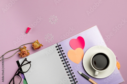 Flat lay composition with stationery on pink background. Mock up for design