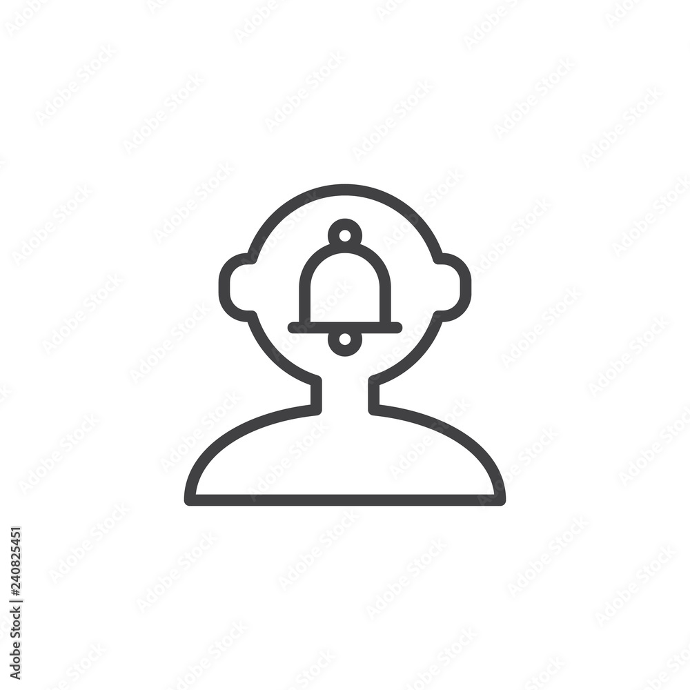 Notification bell in human head outline icon. linear style sign for mobile concept and web design. Human mind reminder simple line vector icon. Symbol, logo illustration. Pixel perfect vector graphics Notification bell in human head outline icon. linear style sign for mobile concept and web design. Human mind reminder simple line vector icon. Symbol, logo illustration. Pixel perfect vector graphics