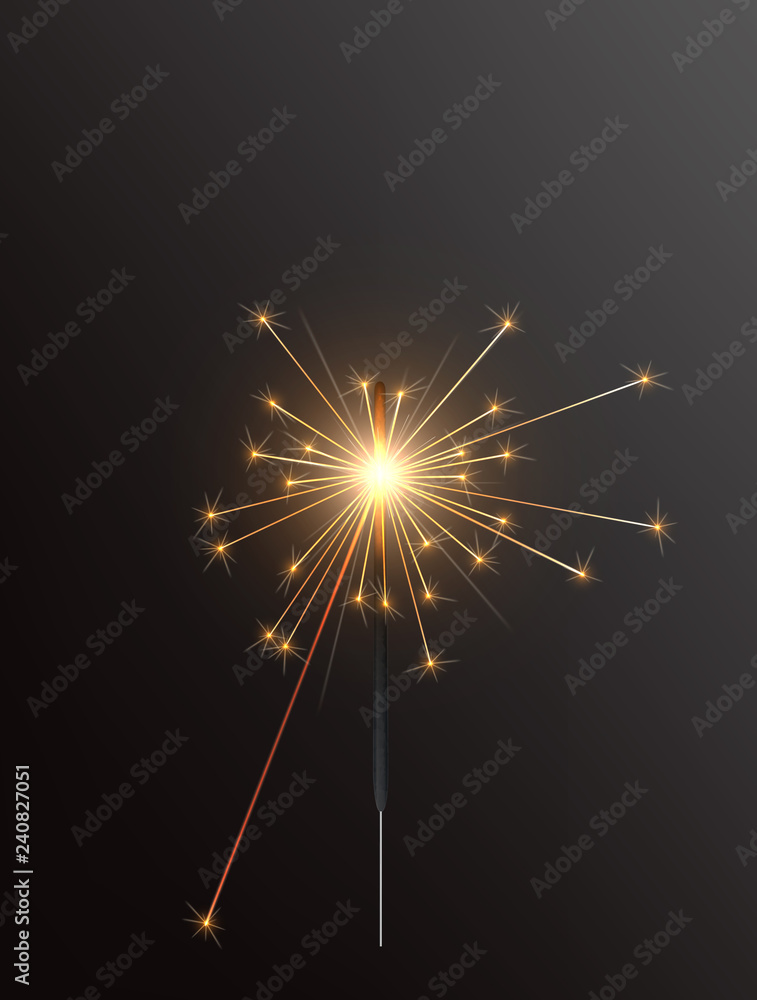 Realistic Holiday Bengal Light, with bright sparkle burning. Vector christmas diwali firework candle, celebration sparkler lights.