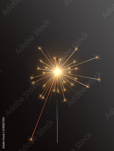 Realistic Holiday Bengal Light, with bright sparkle burning. Vector christmas diwali firework candle, celebration sparkler lights.