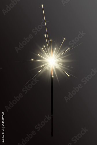 Realistic Holiday Bengal Light, with bright sparkle burning. Vector christmas diwali firework candle, celebration sparkler lights