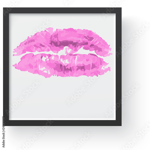Lipstick kiss print. Female sexy red lips. Sexy lips makeup, kiss mouth, modern frame and place for text