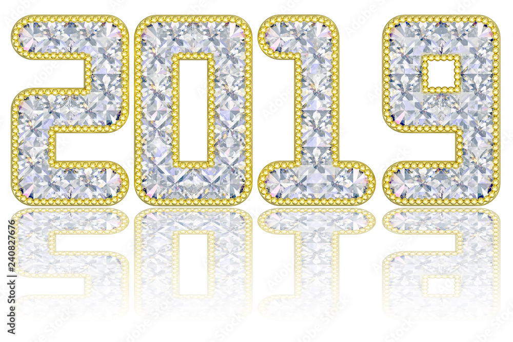2019 digits composed of gems in golden rim on glossy white 2019 digits composed of gems in golden rim on glossy white