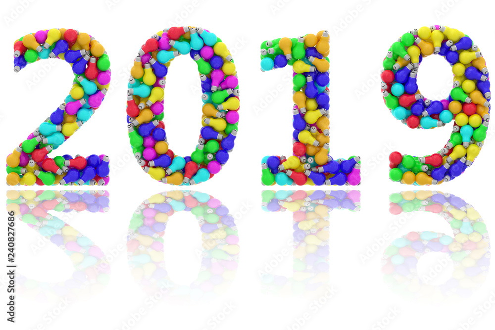 2019 digits composed of colorful lightbulbs on glossy white 2019 digits composed of colorful lightbulbs on glossy white