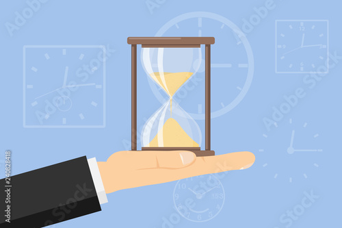 Hourglass on the palm. The hand of a man holds. hourglass. Vector illustration of time value concept.
