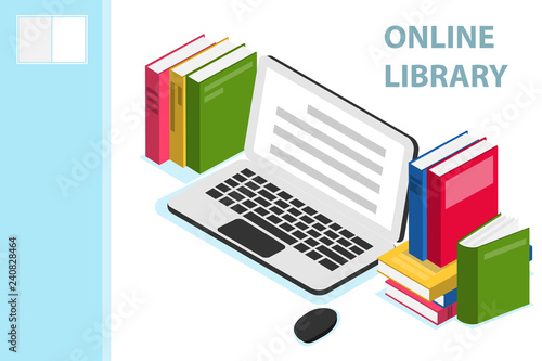 Online library isometric concept. Online library isometric design with books. Technology and literature, digital culture on media library. Vector illustration.