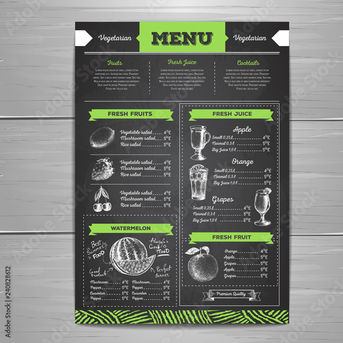Vintage chalk drawing vegetarian food menu design.  Fresh fruit sketch
