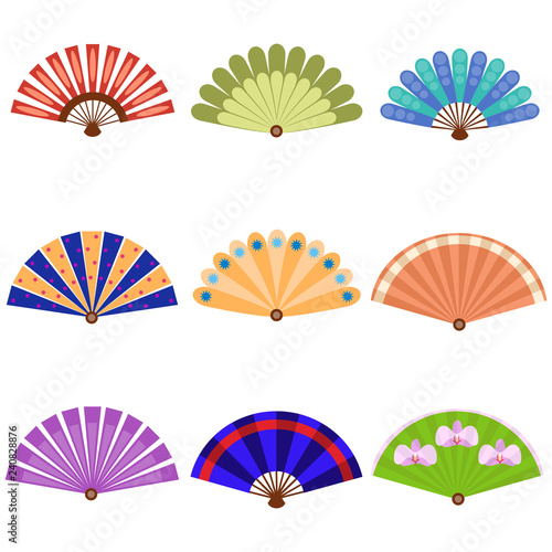 Hand fan icon set. Cartoon set of hand fan icons for web design isolated on white background. Asian hand fan isolated on white background.