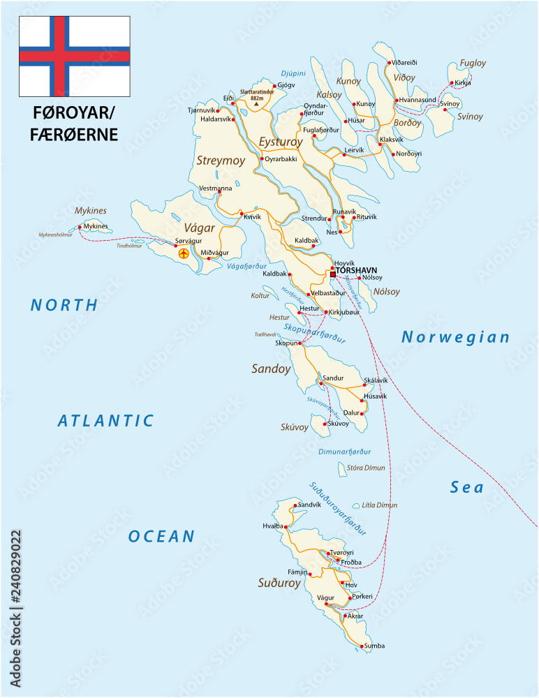 Obraz premium Road map of the Faroe Islands North Atlantic Archipelago with flag, Denmark
