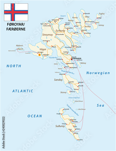 Road map of the Faroe Islands North Atlantic Archipelago with flag, Denmark