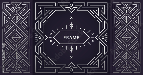 Vector set of abstract art deco frames. Linear modern style, monogram geometric banners, luxury packaging design, poster, inviation, cover