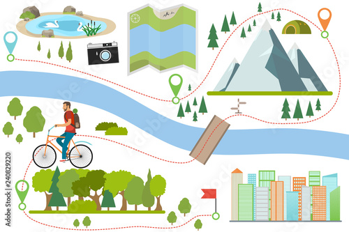 Fototapeta Naklejka Na Ścianę i Meble -  Bike route map. Riding a bike on a various outdoor locations, adventure and vacation travel on a bicycle, lifestyle activity with ecological transport. Outdoor cycling map.