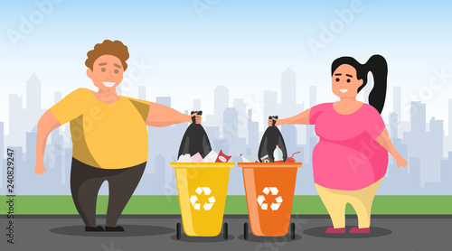 A man and a woman throw out trash. A man with a woman throw garbage in trash containers. Vector illustration, vector.