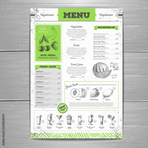 Vintage grunge vegetarian food menu design.  Fresh fruit sketch