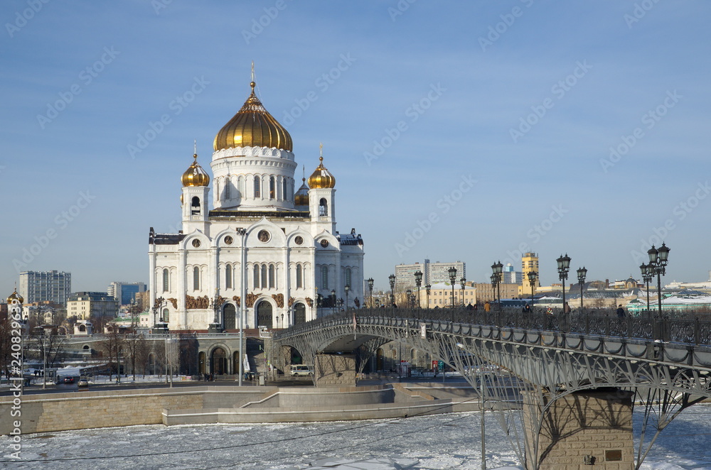 The Cathedral of Christ the Saviour and the Patriarchal bridge on a Sunny winter day. Moscow, Russia
