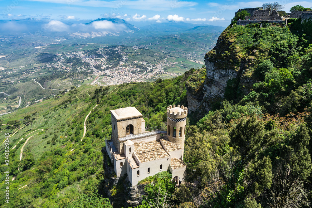 Aerial view of The Torretta Pepoli built in 1870 by Count Agostino Pepoli, Erice, Sicily, Italy