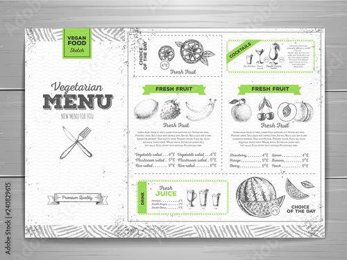 Vintage grunge vegetarian food menu design. Fresh fruit sketch
