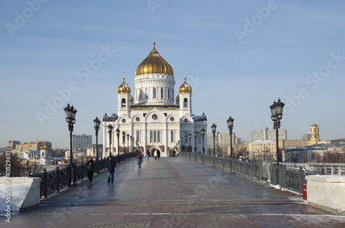 Moscow, Russia - January 25, 2018: View of the Cathedral of Christ the Saviour and the Patriarchal bridge on a Sunny winter day
