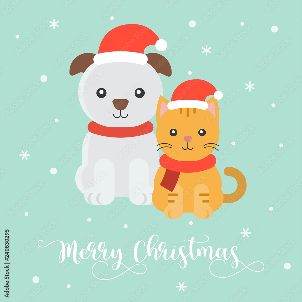 cute puppy and kitten for christmas poster,flat style cute puppy and kitten for christmas poster,flat style