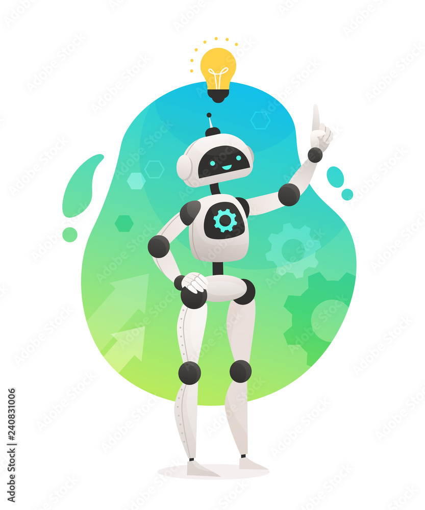 Robot with artificial intelligence, smart bot. Cute cartoon character pointing on light bulb, having a good idea. Future concept. Vector Illustration on gradient background. Robot with artificial intelligence, smart bot. Cute cartoon character pointing on light bulb, having a good idea. Future concept. Vector Illustration on gradient background.