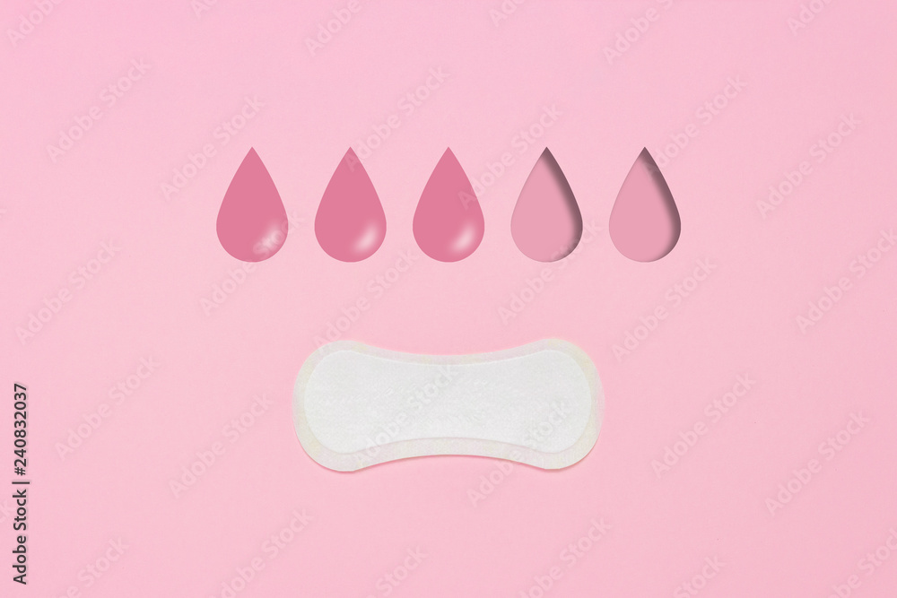 Feminine hygiene pad on a pink background. Concept of feminine hygiene during menstruation. Added drop mark, absorption level. three drops. Flat lay, top view Feminine hygiene pad on a pink background. Concept of feminine hygiene during menstruation. Added drop mark, absorption level. three drops. Flat lay, top view