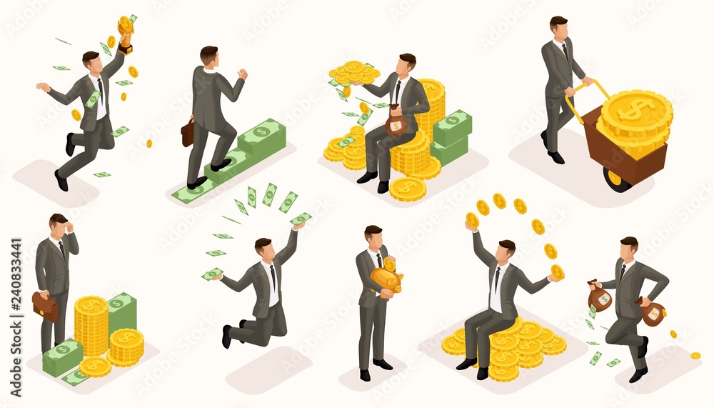 Trendy isometric people vector, 3d businessmen money attachments, business scene with young businessman, investment, lots of cash, businessman bathes in money