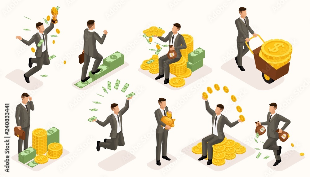 Trendy isometric people vector, 3d businessmen money attachments, business scene with young businessman, investment, lots of cash, businessman bathes in money Trendy isometric people vector, 3d businessmen money attachments, business scene with young businessman, investment, lots of cash, businessman bathes in money