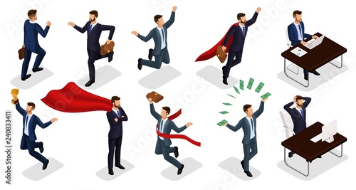 Isometric people, 3d Young entrepreneurs, different scenes concepts working in the office, superman, money, cup, joy of victory isolated on a light background