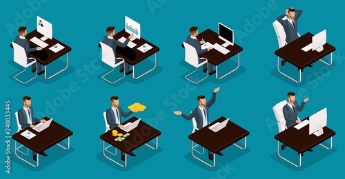 Isometric people, 3d Young entrepreneurs, different scenes of concepts working in the office, emotions and gestures of a businessman at work, money management is