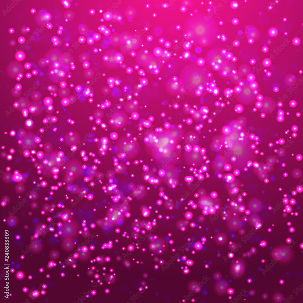 Abstract colorful bokeh and glowing spakling shining particles in random. Lighting effects of flash. Blurred vector background with light glare.