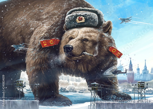 Grotesque (caricature) character. Formidable bear in a soldier's hat looks away West's and smokes. Comic image of Russia and the USSR. Propaganda cliche. photo