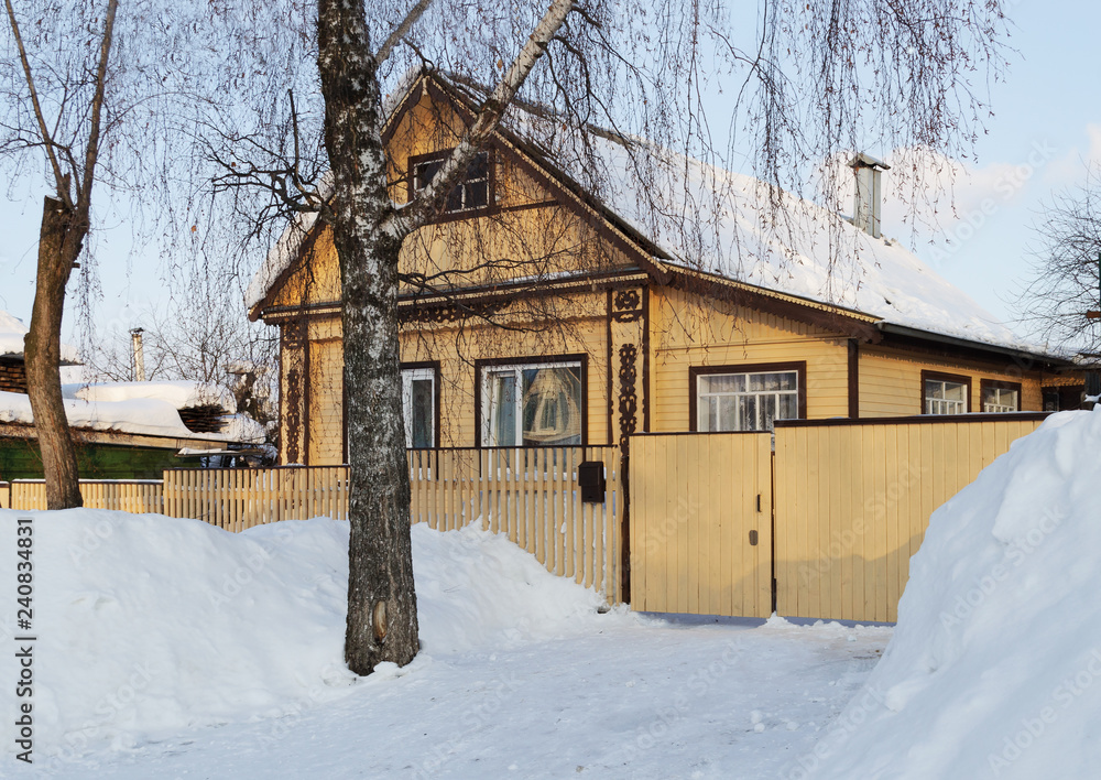 Country wooden house, winter time