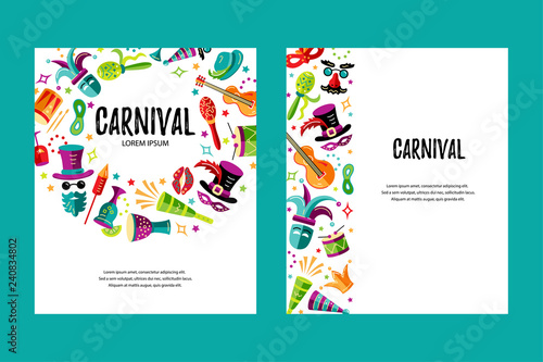 Vector illustration with carnival and celebratory objects. Template for carnival, invitation, poster, flayer, funfair. Flat style.