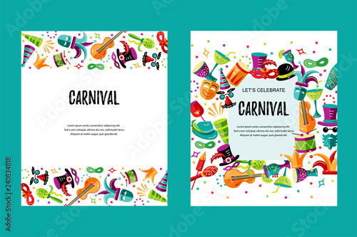 Vector illustration with carnival and celebratory objects. Template for carnival, invitation, poster, flayer, ticket, funfair. Flat style.