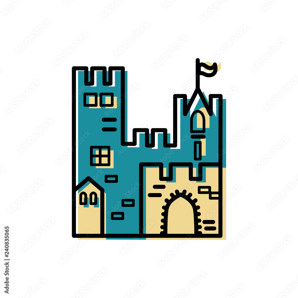 Castle logo design. Flat and line style vector illustration. Travel concept. Kingdon symbol. Vector label for company.