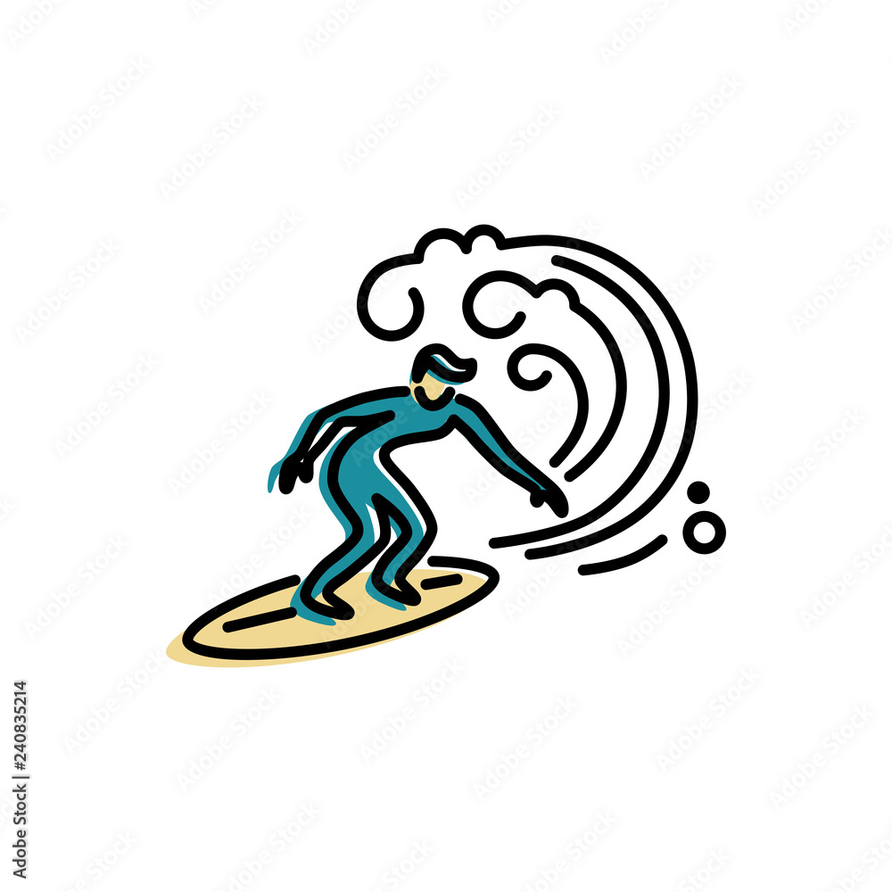 Fototapeta premium Surfing logo design. Surfer and big wave. Flat and line style vector illustration.